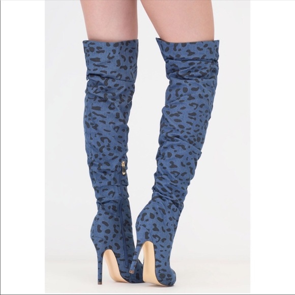 LILIANA Blue Denim Scrunched Leopard Spot Heels - Picture 4 of 5